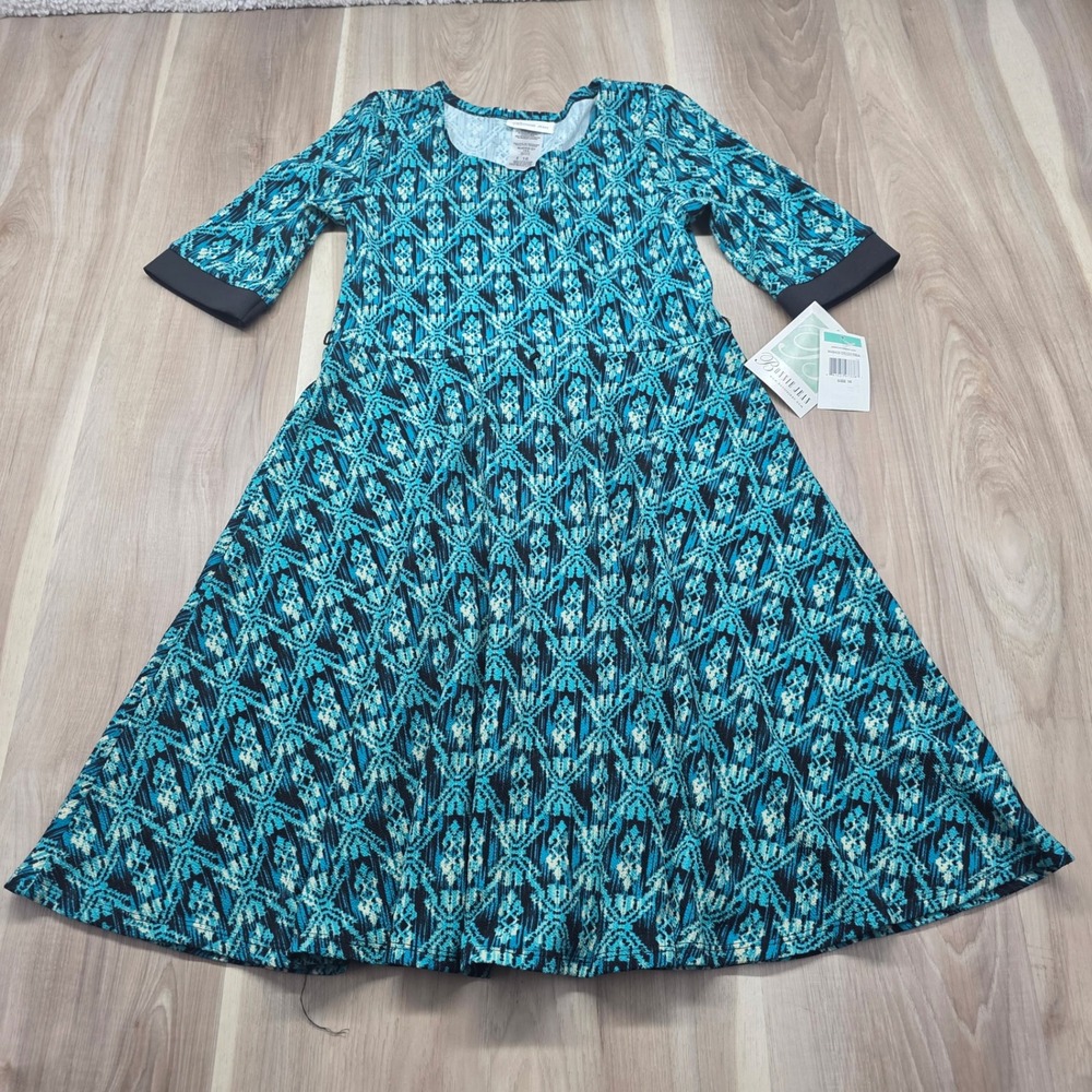 Bonnie Jean Girls‎ Dress Teal Black Geometric  Fit Flare 3/4 Sleeve Size 16 NWT